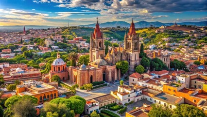 Naklejka premium Aerial view of San Miguel de Allende's picturesque downtown and landscape