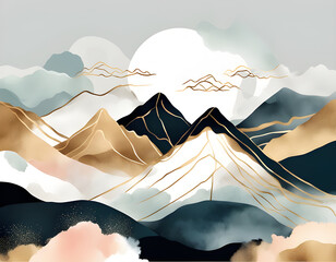 Abstract Mountain background vector. Minimal landscape art with watercolor brush and golden line texture.