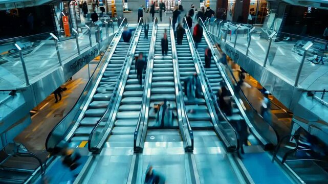 A busy subway station with people walking up and down the escalators. Concept of movement and activity, as people are rushing to catch their trains or simply going about their day