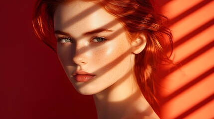 Fototapeta premium Captivating Redhead Portrait with Dramatic Lighting and Intense Expression