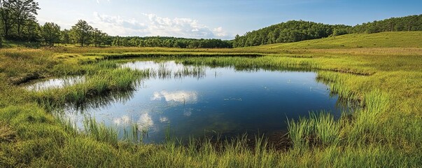 Rural landscape with natural water retention ponds and wetlands, flood mitigation, eco-friendly water management