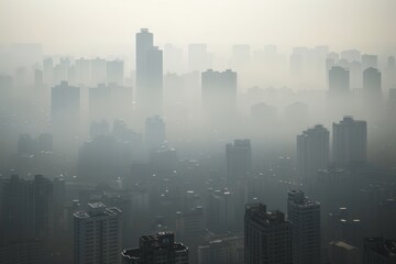 A cityscape enveloped in smog, with high-rise buildings barely visible through the thick, polluted air