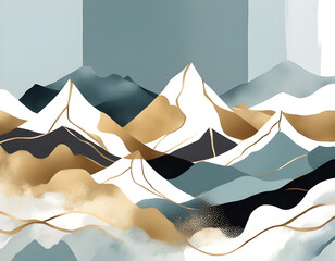 Abstract Mountain background vector. Minimal landscape art with watercolor brush and golden line texture.