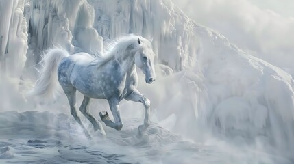 White Horse Galloping in Snowy Icy Landscape