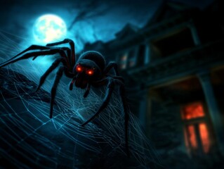 A large spider with glowing red eyes crawls on a web in front of a spooky, dark house. The full moon hangs in the night sky.