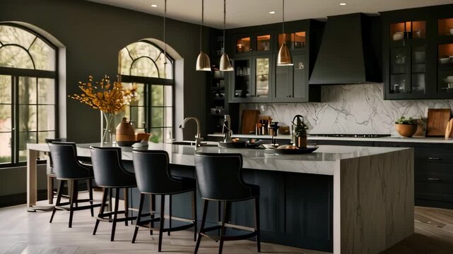Video footage of modern kitchen interior with a sophisticated design. Dark toned cabinetry, a central island with bar stool seating