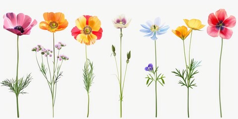 Obraz premium Collection of 2D and 3D Vector Flat Abstract Minimalistic Art of Flowers and Meadow Isolated on a White Background
