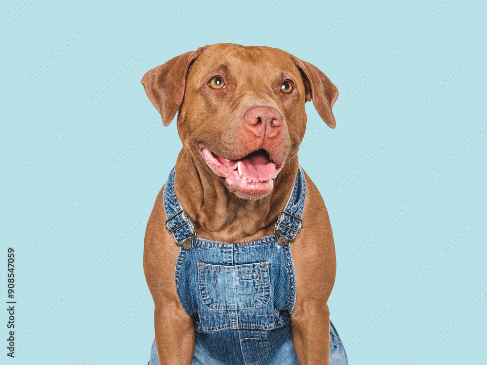 Wall mural Charming dog and denim overalls. Close-up, indoors. Studio shot. Congratulations for family, relatives, loved ones, friends and colleagues. Pets care concept