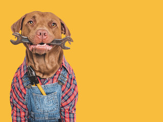Cute dog, denim overalls and wrench. Close-up, indoors. Studio shot. Congratulations for family,...
