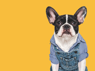 Cute puppy and denim overalls. Close-up, indoors. Studio shot. Congratulations for family,...
