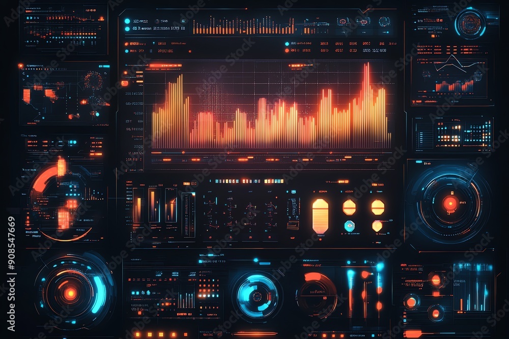 Aufkleber Futuristic interface with glowing neon elements and data visualizations.