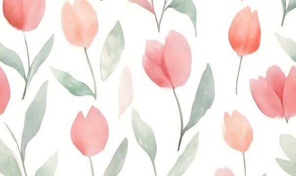 cute watercolor pattern of cute dispersed minimalistic tulips,  Generative AI