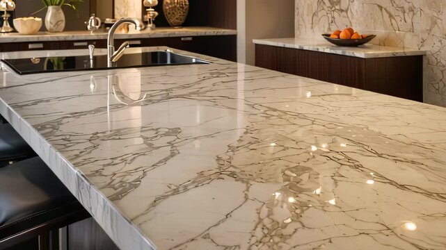 Video footage of close-up view of a kitchen countertop with a polished stone surface, possibly marble