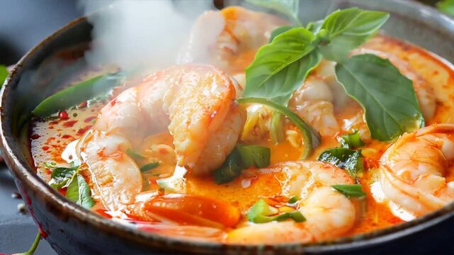 A bowl of shrimp soup with green herbs and lime slices. The soup is full of flavor and looks delicious