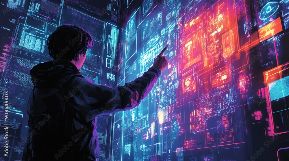 Poster Hacker in a cyberpunk world.