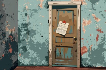 Vector image of a foreclosure notice pinned to a door, with a broken home icon and distressed elements