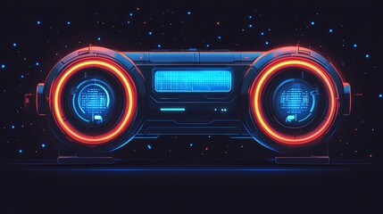 Fototapeta premium Futuristic spaceship with glowing lights in dark space.