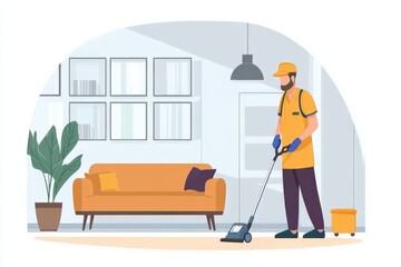 A professional cleaner in uniform using a vacuum cleaner in a modern living room