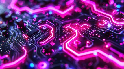 Obraz premium Close-up of illuminated neon circuit board. Glowing pink electronic pathways on a futuristic technology background.