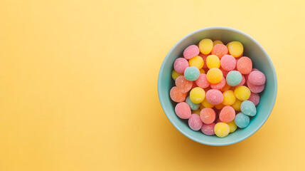 Obraz premium A bowl of colorful candies with a pastel yellow background