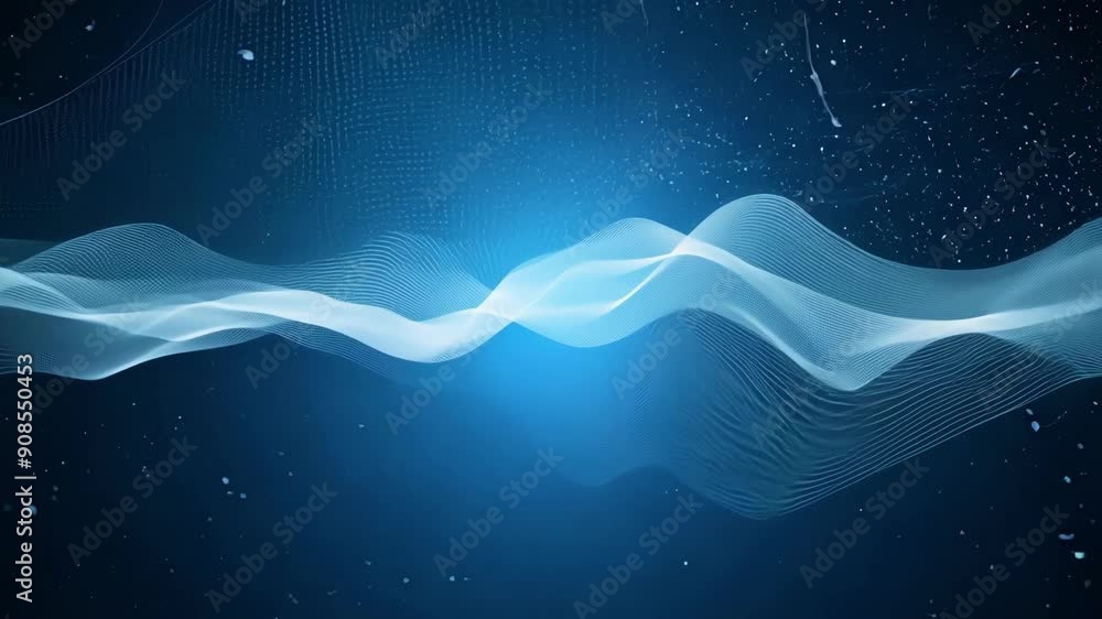Poster a mesmerizing display of flowing blue waves with sparkling particles, creating a tranquil atmosphere