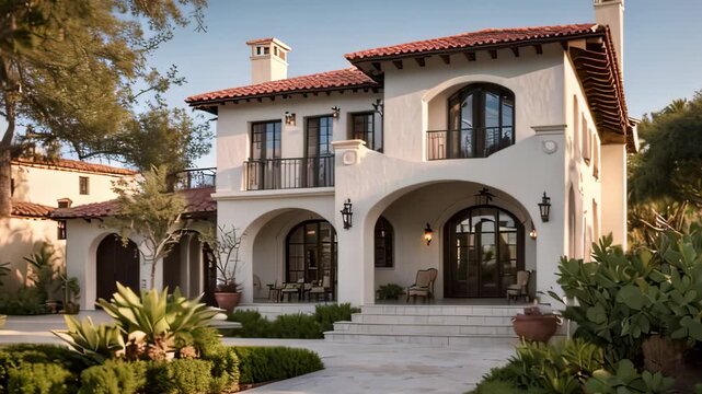 Video footage of  two story residential building with characteristics of Mediterranean architecture. The building has a stucco exterior, terracotta roof tiles, arched doorways