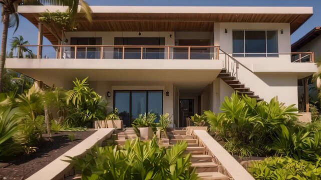 Video footage of modern two story house with a flat roof and large glass windows. The house has an upper balcony supported by pillars, accessible via an external staircase