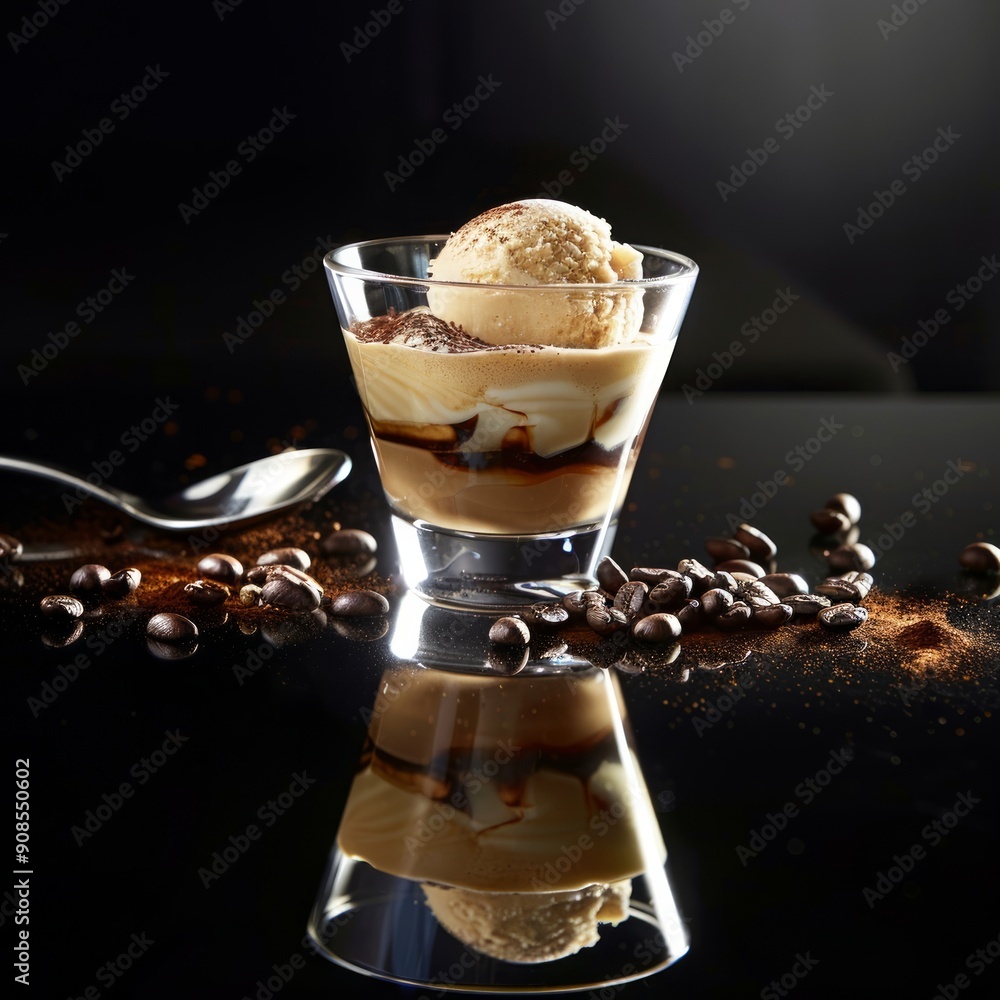 Canvas Prints A glass of ice cream with brown sauce and coffee beans on a table