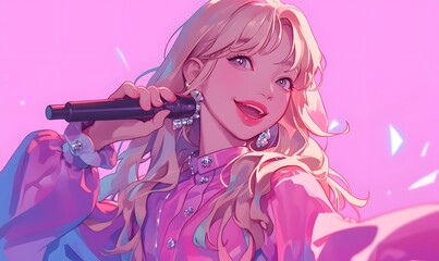 Obraz premium Cute smiling female K-pop idol singing on stagem, Generative AI