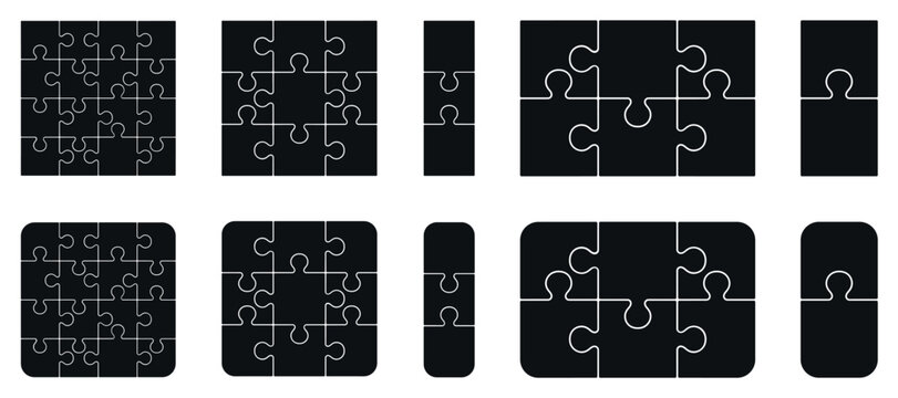 Puzzle pieces 2, 3x2, 3, 3x3, 4x4 isolated on white background. Vector template jigsaw puzzle with right angles, rounded.