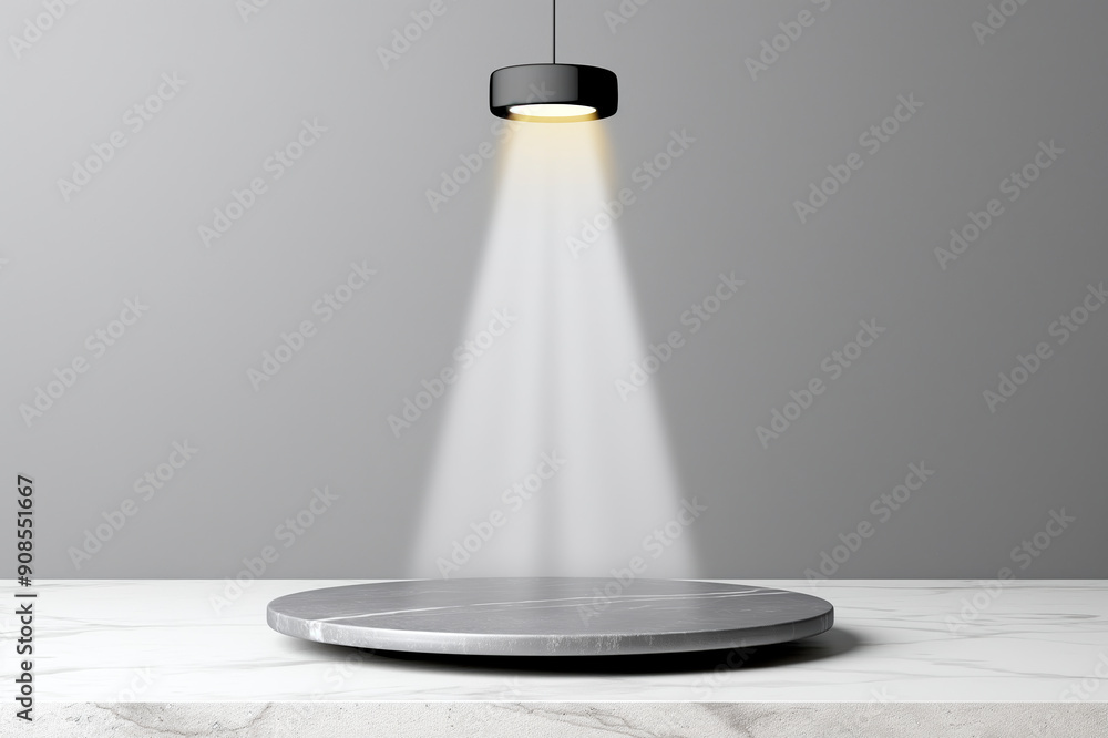 Poster a spotlight shining on a round pedestal on a marble background, showcasing a product display concept