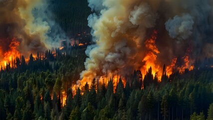 Megafeu - Forest fire - Massive fire ravaging forested areas with enormous flames - Climatic warming and ecological disaster - seen from space