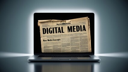 Vintage Newspaper Headline 'Digital Media' on Modern Laptop Screen