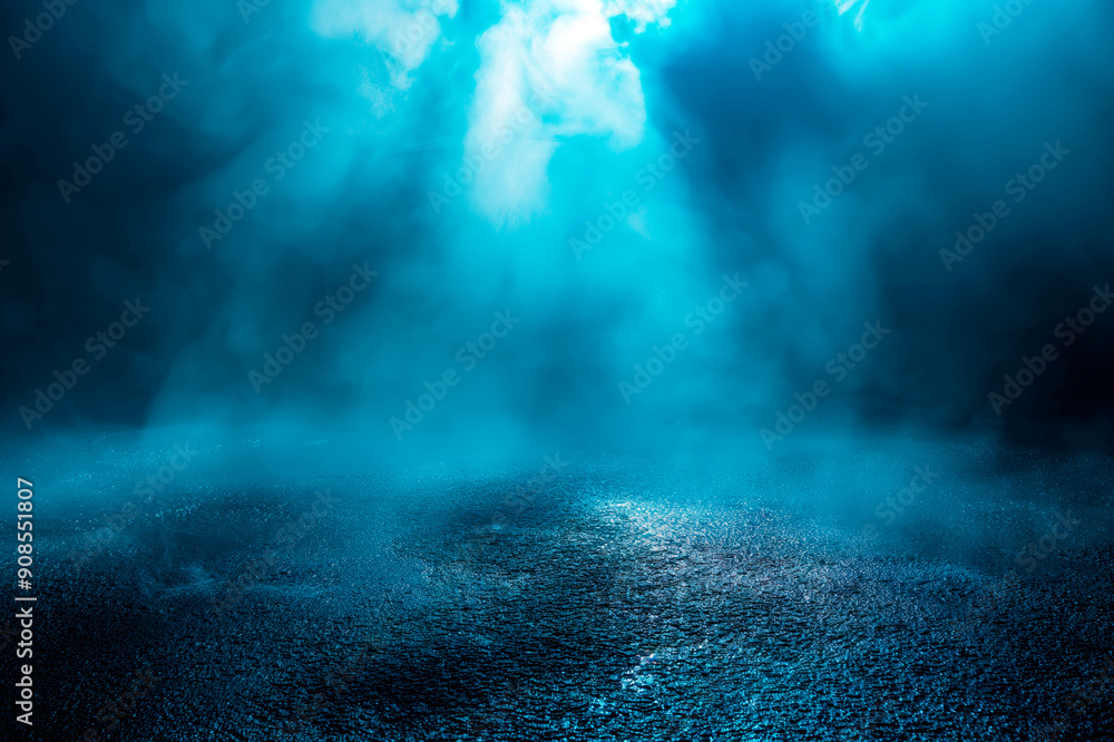 Poster a misty scene with blue lighting on a textured surface, possibly representing mystery or suspense. g