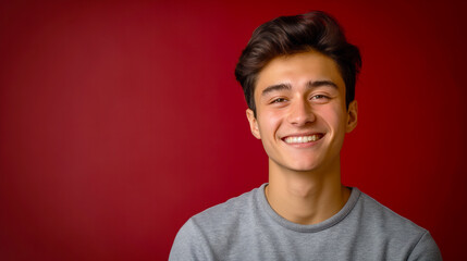 Fototapeta premium Young smiling male portrayed in a studio, vibrant red background, concept of happiness and youth. Generative AI