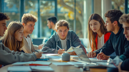 A group of young people studying together, photo, in a bright room with glass windows, concept of collaboration and education. Generative AI