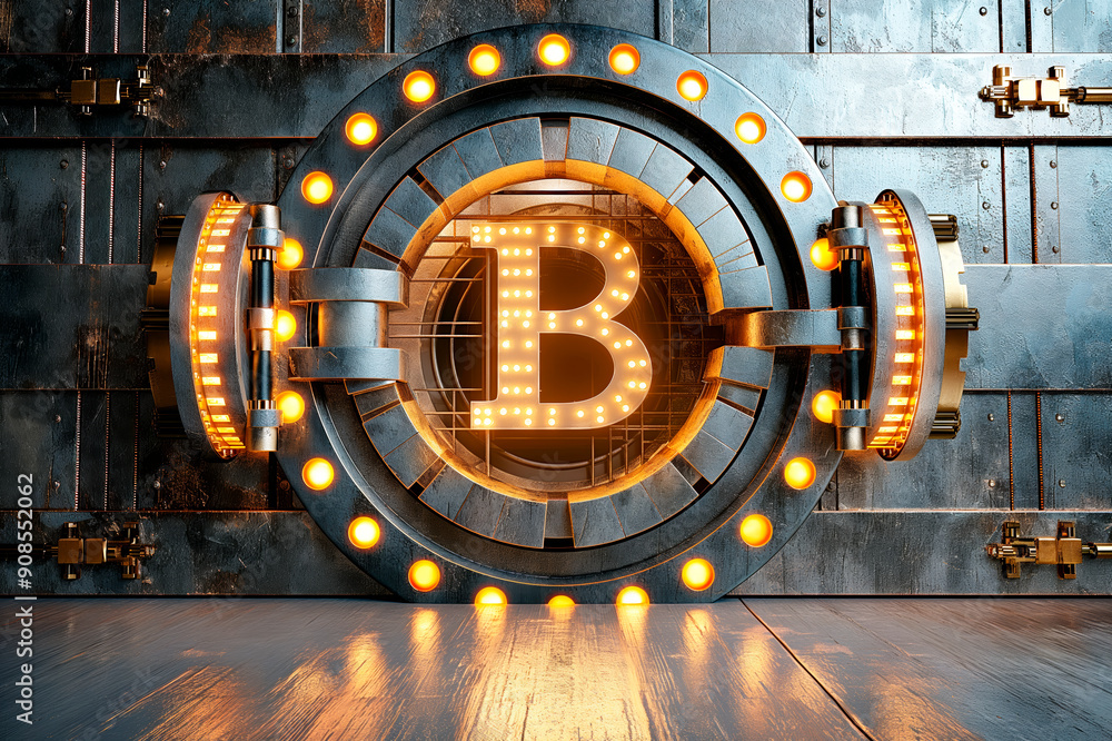 Poster Illuminated Bitcoin symbol inside a vault door on a metallic background, symbolizing cryptocurrency security. Generative AI