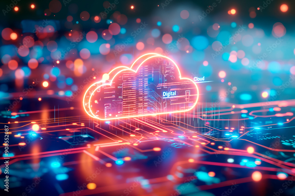 Poster digital cloud concept on a circuit board background, glowing in neon colors, symbolizing technology 