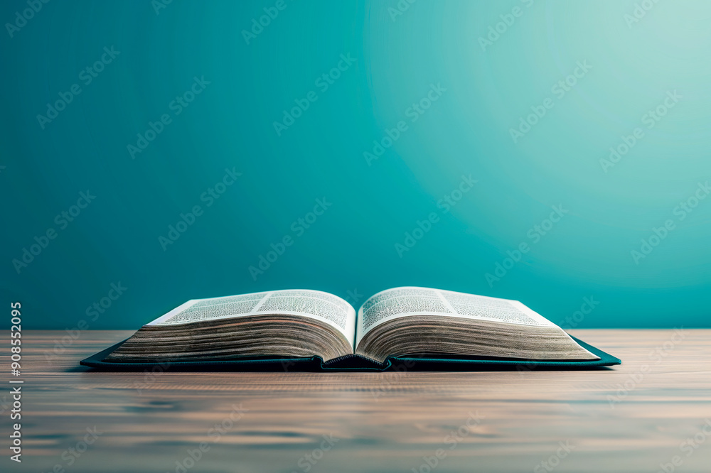 Poster open book on wooden table with blue gradient background, illustrating concept of knowledge. generati