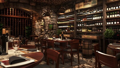 A cozy wine cellar bar with stone walls, wooden tables, and a vast collection of wines displayed in wall racks, creating a warm and intimate atmosphere.