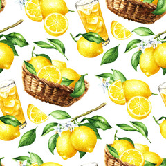 Fresh Lemon seamless pattern. Hand drawn watercolor illustration,  isolated on white background