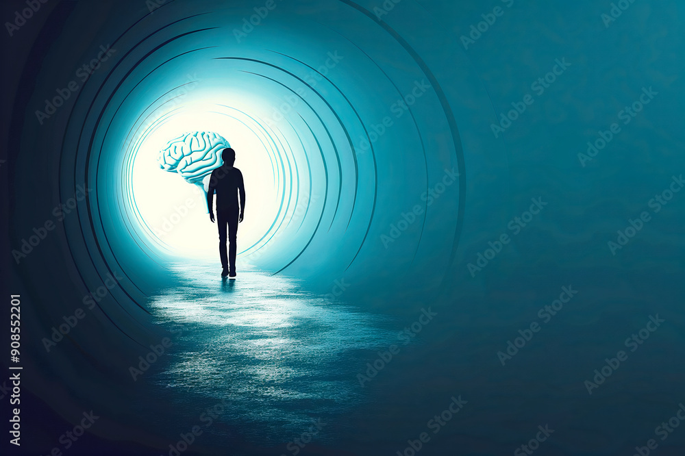Poster a silhouette of a person walking in a tunnel, with a glowing brain above, set against a blue gradien