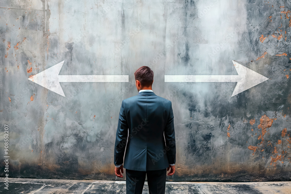 Poster a man in a suit making a decision at a crossroad with arrows, on a weathered wall background, concep