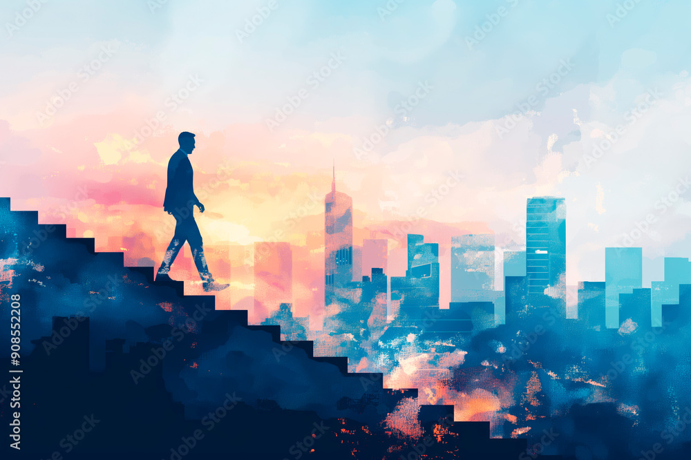 Poster silhouette of a person ascending stairs with a stylized cityscape background, conveying progress or 