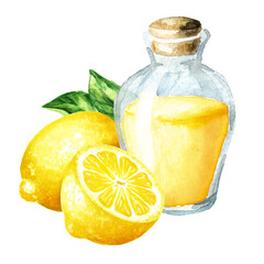 Bottle with Lemon essential oil.  Hand drawn watercolor illustration, isolated on white background