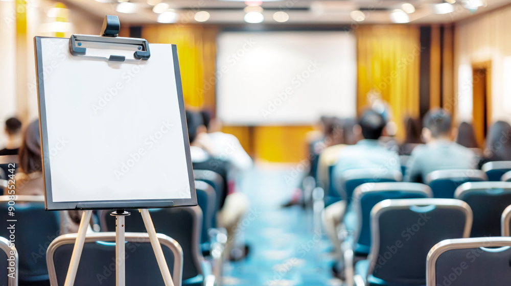 Poster a blank flip chart in a conference room with attendees in the blurred background, concept of a busin
