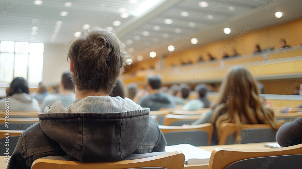 Poster Students seated in a lecture hall facing the front, focus on the back of a student's head, illuminating the concept of education. Generative AI
