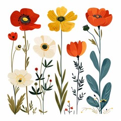 Fototapeta premium Collection of 2D and 3D Vector Flat Abstract Minimalistic Art of Flowers and Meadow Isolated on a White Background