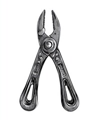 Black and white Vintage engraved art of a bolt cutter isolated on white background, ink sketch illustration, simple vector art design, highly detailed line art, high contrasty. 
