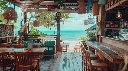 Cozy interior of a cafe by the beach, featuring a relaxed atmosphere with ocean views and beach-inspired decor
 Seamless looping 4k time-lapse virtual video animation Generated AI